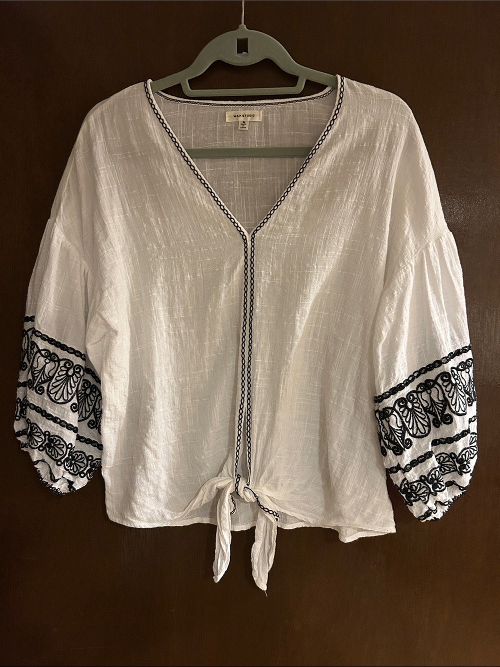 Max Studio White Tie-Front Blouse with Black Embroidery